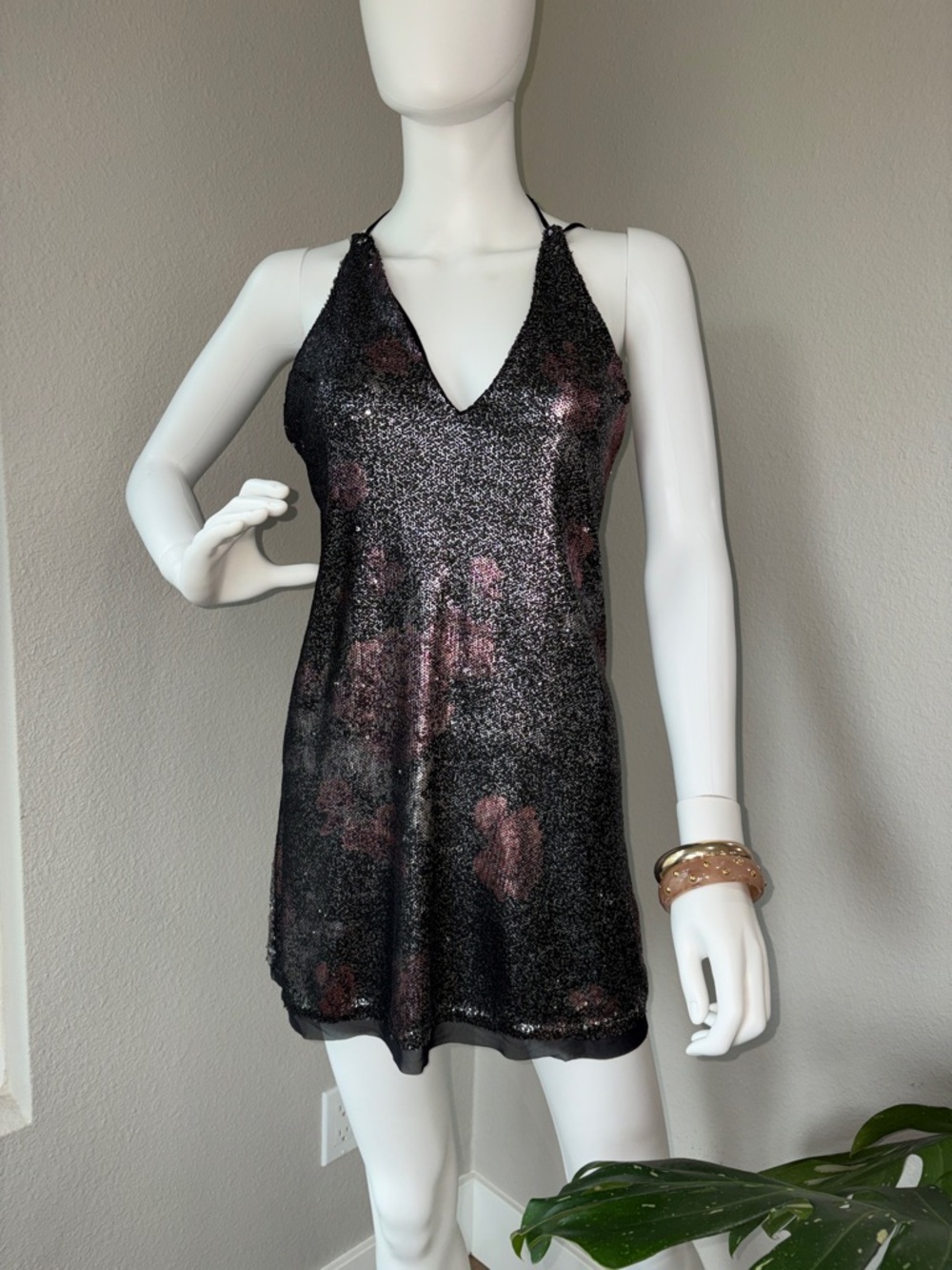 Free People Metallic Black Mini Dress with Rose Accents